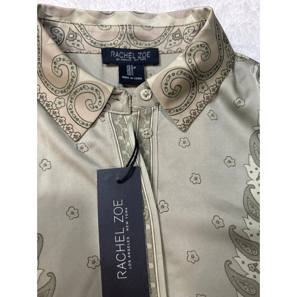 Rachel Zoe Paisley Button Down Blouse Womens Small Sage Green NWT Long Sleeve - Picture 2 of 5